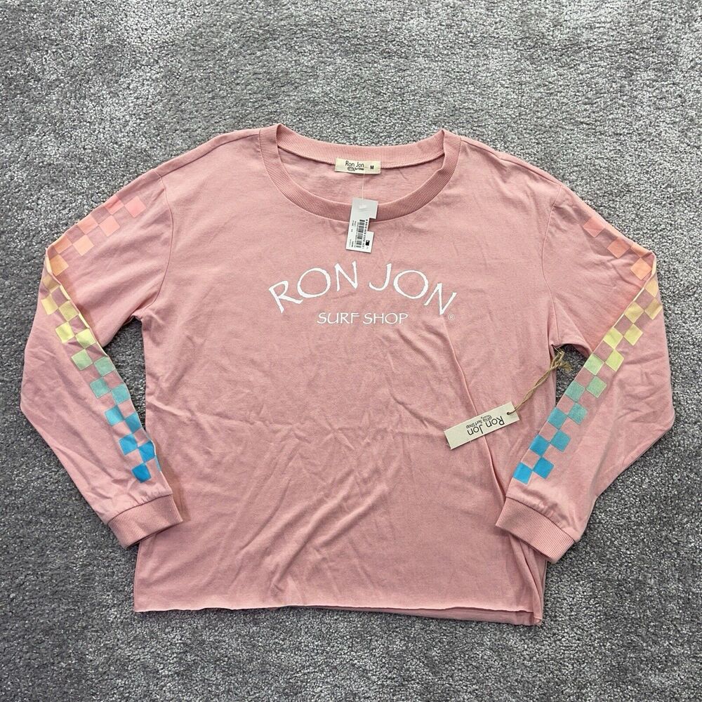 Ron Jon Shirt Womens Medium Surf Shop Long Sleeve Cropped Racing Checks Tee Pink